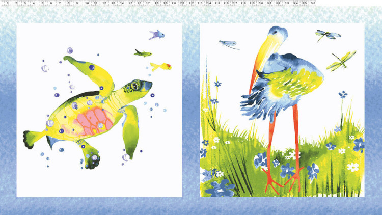 Lakeside Turtle and Heron Cotton Fabric Panel - Click Image to Close